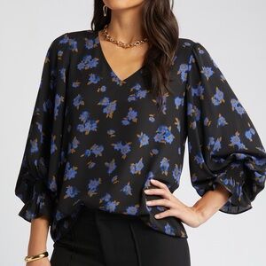 [halogen] v neck balloon sleeve blouse black blue floral XS